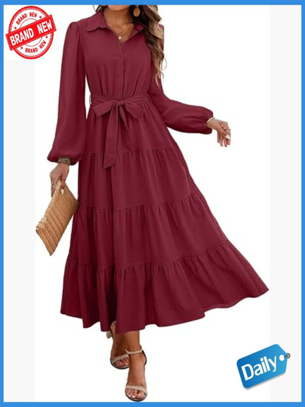 Long Sleeve Button Down Belted A-Line Maxi Dress with Pockets